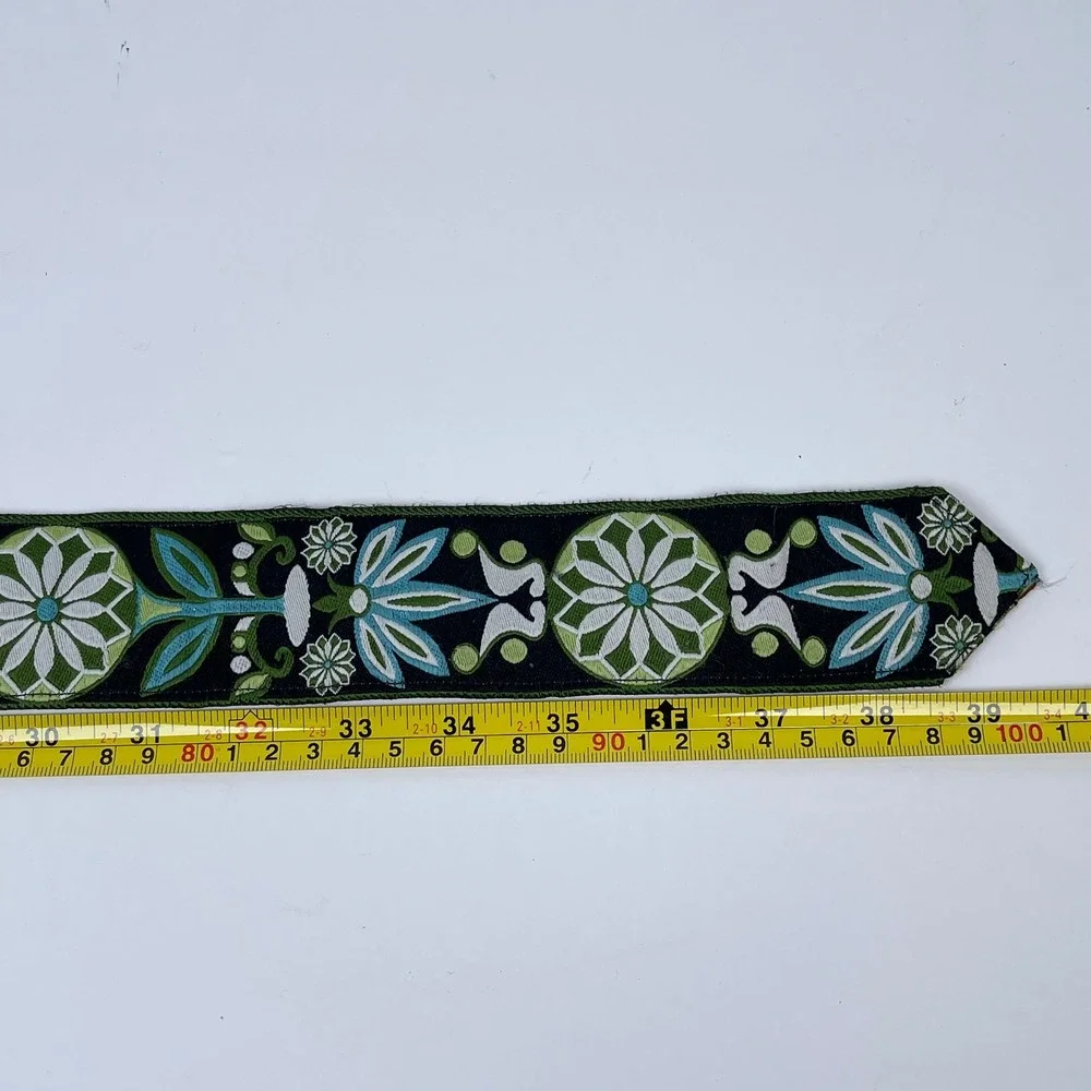 Vintage Floral Embroidered O-Ring Buckle Belt Womens Green Blue Boho Folk 70s
